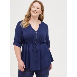 NWT Torrid 4 Babydoll Stretch Challis Zip-Front Tunic Top in Peacoat Blue